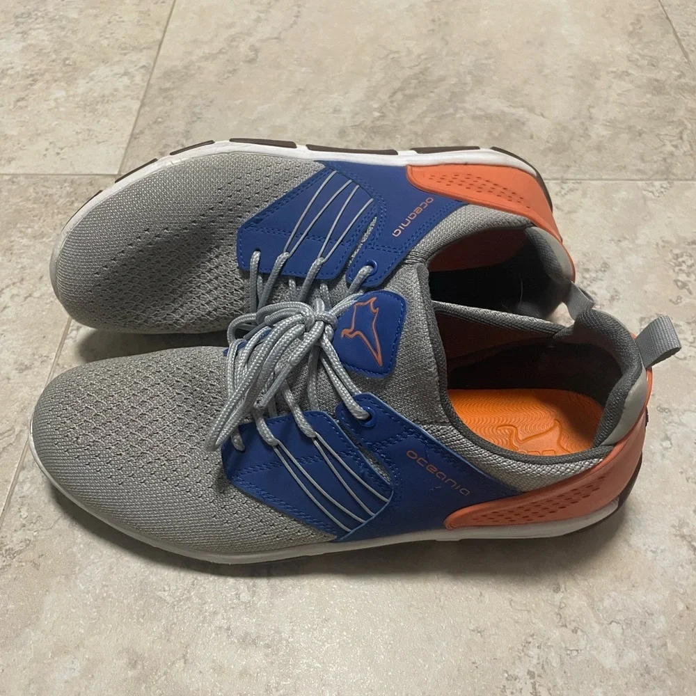 Oceania Fastnet Boat Shoe, Light Grey/Orange/Blue. Size 9